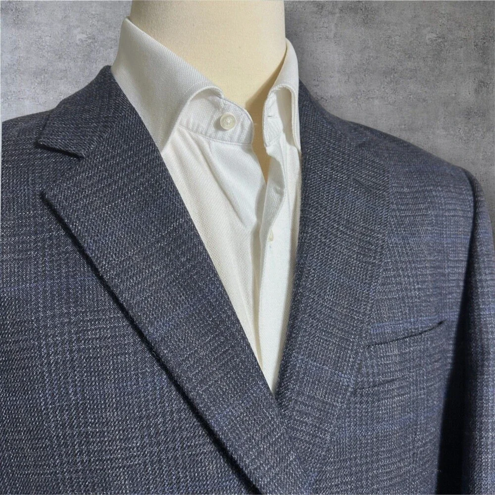 JOSEPH & FEISS Mens Blazer 44L WOOL Navy Sport Coat Two Button Jacket Windowpane